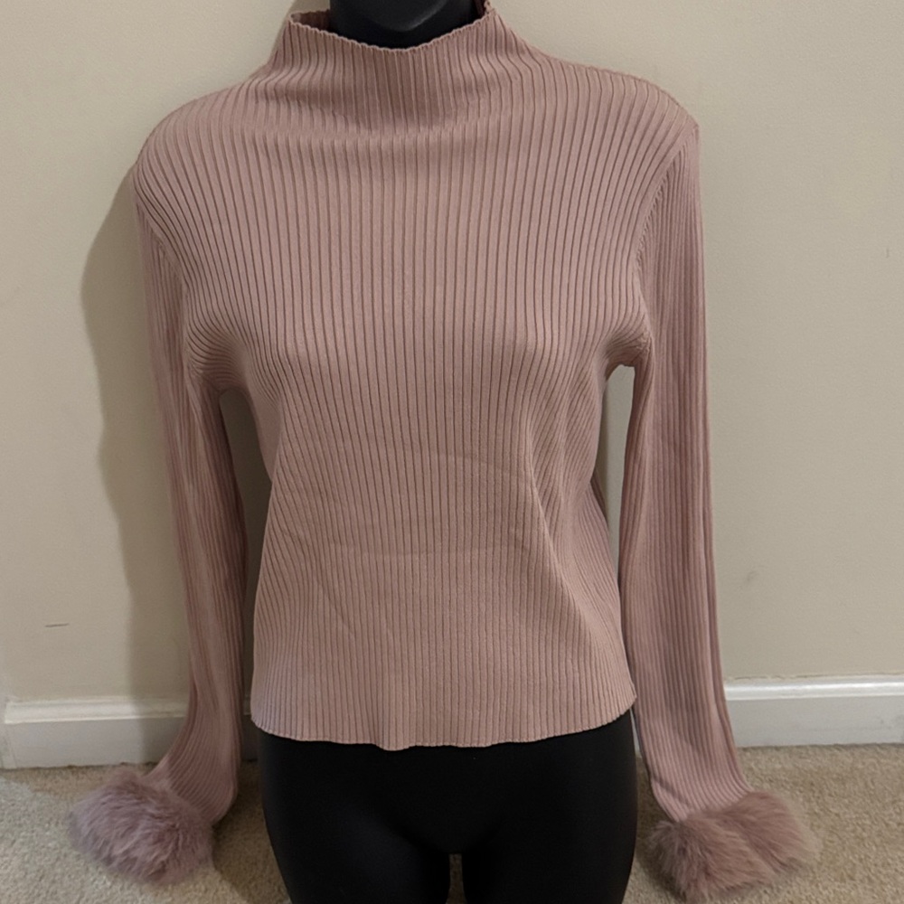 Sweet Rain Blush Ribbed Knit Top with Faux Fur Accents